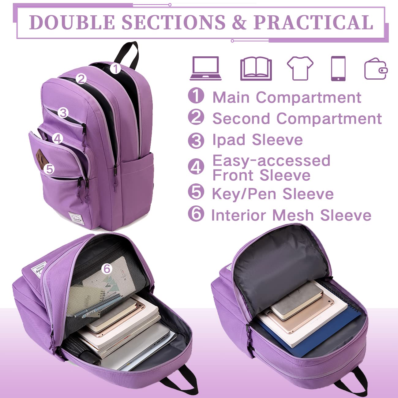 VASCHY School Backpack for Women, Unisex Large Bookbag Schoolbag Casual Daypack for High School/College/Teens/Travel/Work Purple