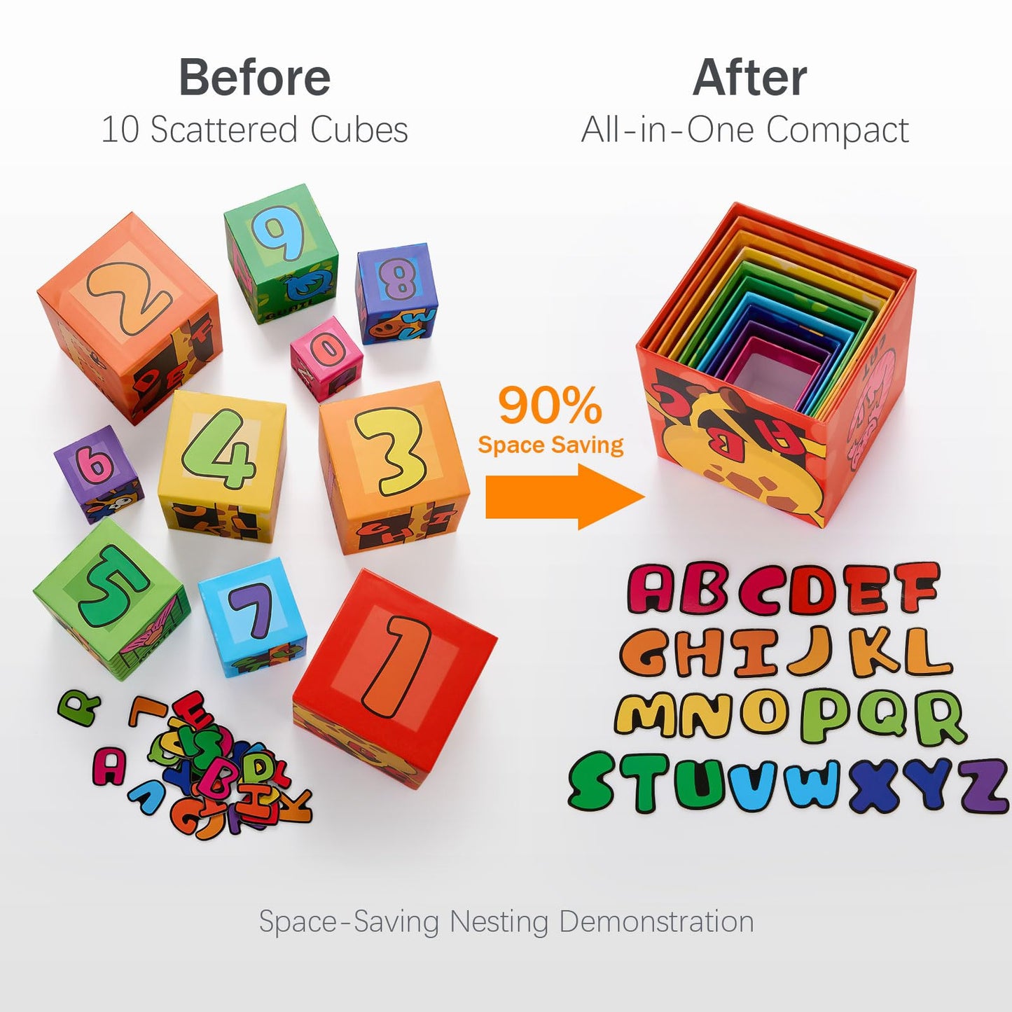 Atoylink Magnetic Alphabet Nesting Stacking Blocks for Toddlers, 10-Piece Educational Toys with ABC Letters, Numbers 0-9, 26 Animals, Sorting Storage Cubes for Kids Age 18 Months 6 Year