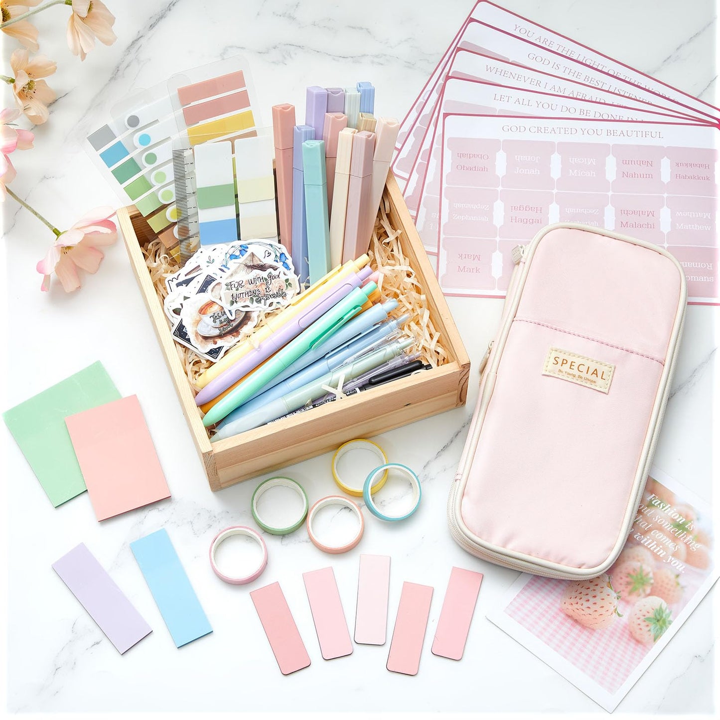 98 Pcs Bible Study Supplies, Bible Journaling Kit for Women, Aesthetic Study Kit with Pencil Case Book Annotation Aesthetic Highlighters Notes Gel Pens for Office Christian Gifts Christmas(Pink)