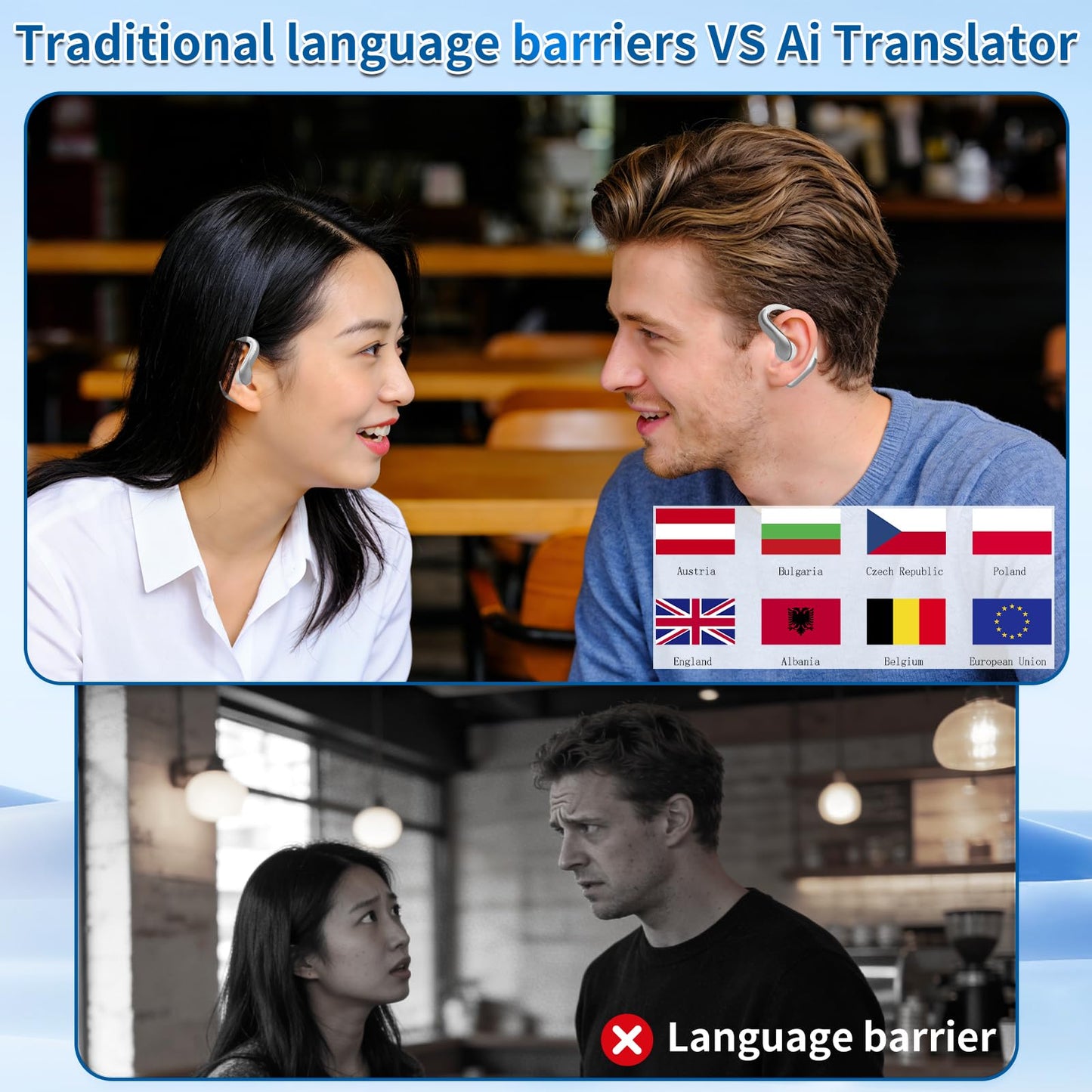 AI Translation Earbuds Real Time, 144 Languages Translator Earbuds, Bluetooth Open-Ear Translating Earbuds with 30H Playtime, Instant Voice Translator Device for Travel, Business, Learning, White