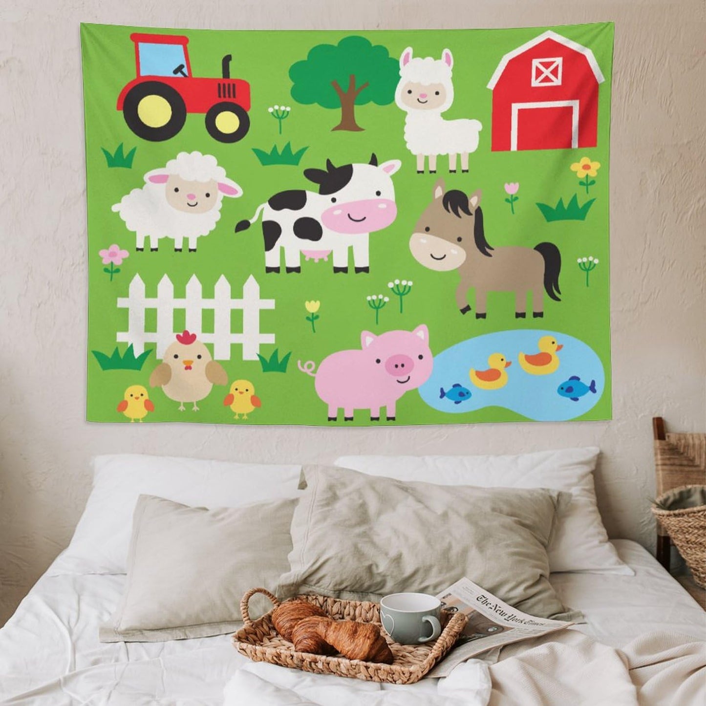 DDCBNS Cute Animal Tapestry, Cartoon Farm Animal Wall Hanging for Baby Kids' Rooms, Green Color, 80" x 60"
