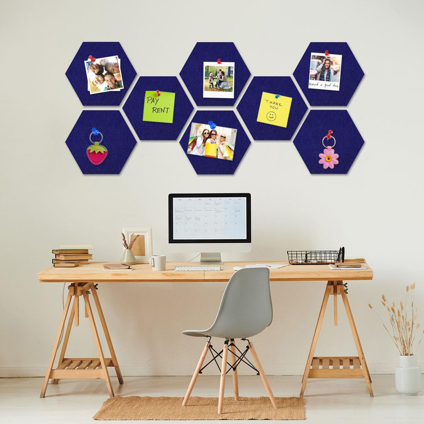 8 Packs Royal Blue Hexagon Felt Pin Board, 12" Bulletin Board with 30 Push Pins, Felt Board for Home Kitchen Office Decor, Self-Adhesive Corkboard Tiles for Walls Message Photos Memos Display