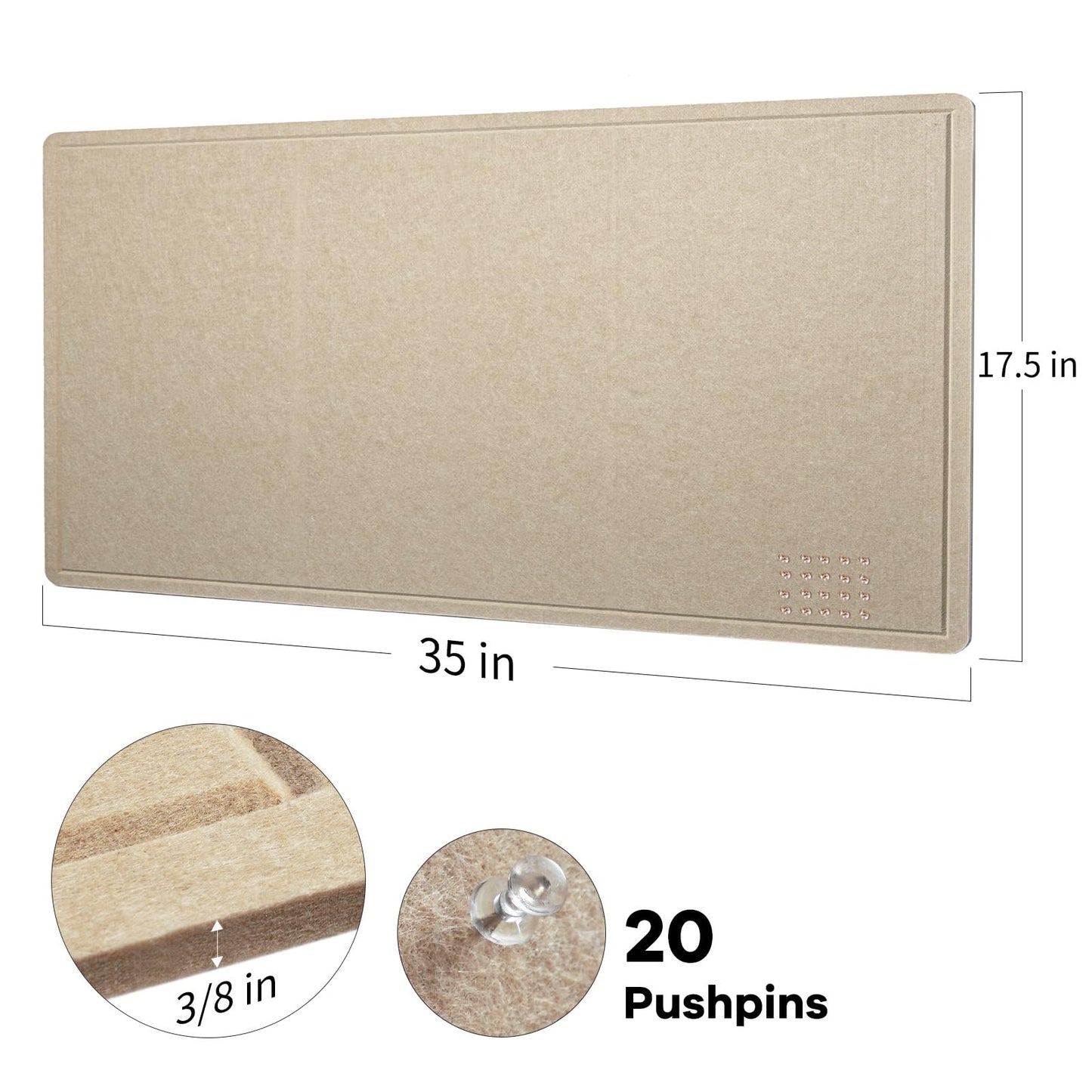 Lightomorrow Bulletin Board, 35 x 17 1/2 inches Felt Board - Decorative Pin Board, Cork Board Alternative for Wall, Foldable Self-Adhesive Vision Board Prayer Board with 20 Pushpins Beige Brown