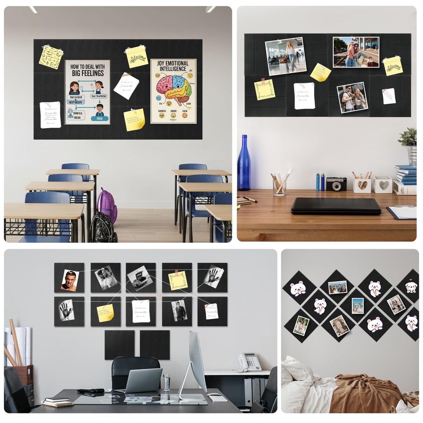 Large Felt Bulletin Board 59" x 35.5" 15 Pack Self-Adhesive Modular Felt Tiles, Cork Board Alternative for Wall, Acoustic Soundproof Panels for Home Office Classroom Decor with 50 Push Pins(Black)