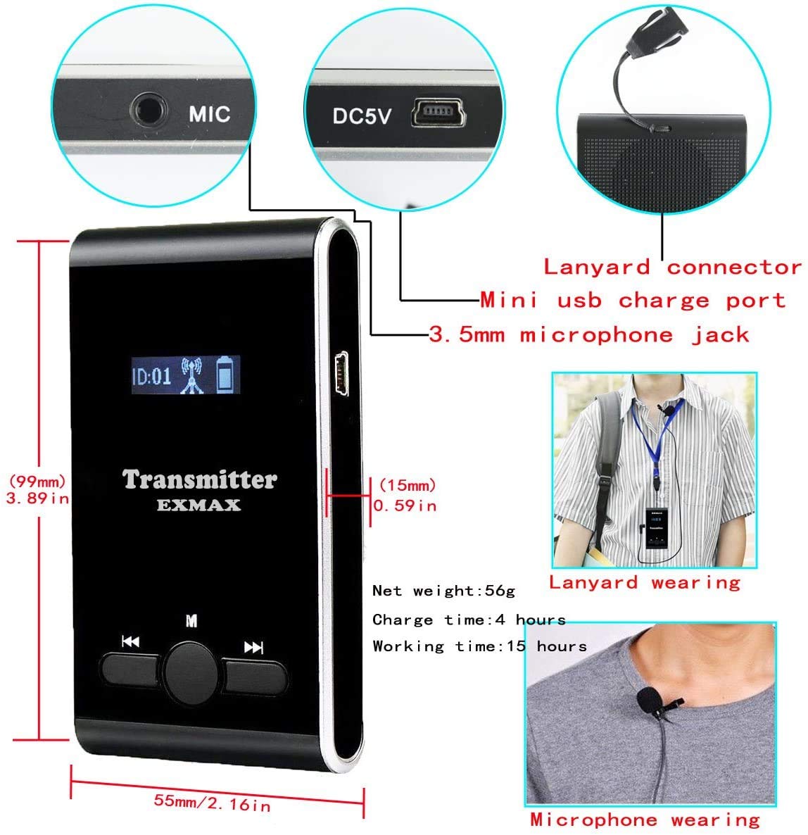 EXMAX Church Translation System Tour Guide Solutions for Social Distancing at Work ATG-100T 195MHz for Meeting Tour Group Exhibition(2 Transmitters & 20 Receivers + Aluminium Alloy Charge Case)