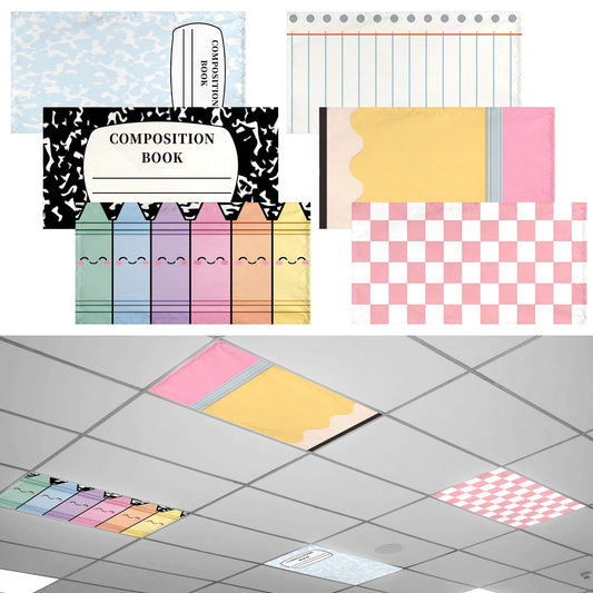 Gerrii 6 Pcs Back to School Composition Fluorescent Light Covers with 60 Magnets for Classroom Ceiling Lights 4 x 2 ft Magnetic Light Cover Filter Easy Install Composition Notebook Classroom Decor