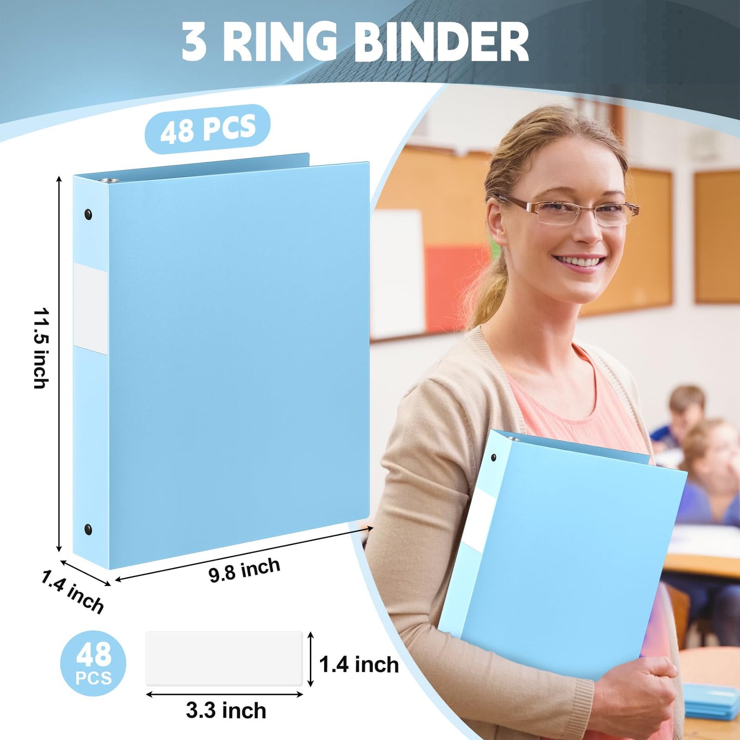 Henoyso 48 Pack 1 Inch 3 Ring Plastic Binders, Bulk Flexible PP Binders for Classroom & School Supplies, Letter Size 8.5 x 11, Holds 240 Sheets with Interior Pocket (Light Blue)