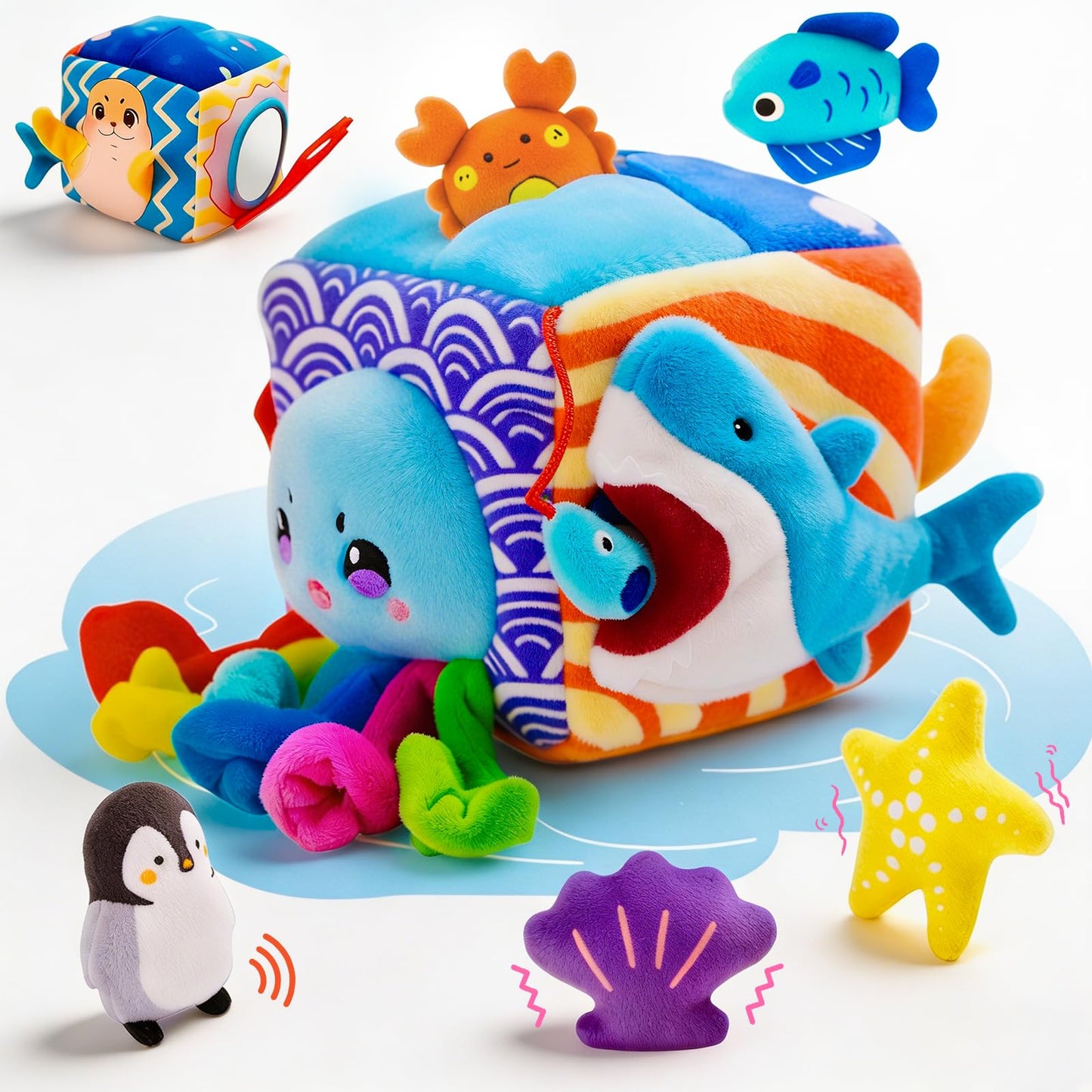 SAIMAND Baby Toys 6-12 Months–Mystery Soft Box with 5 Plush Marine Animals,Rattle,Crinkle Paper & Mirror–Montessori Sensory Toys for 6 Month Old Babies 1-3 Year Old Boy Girl Birthday