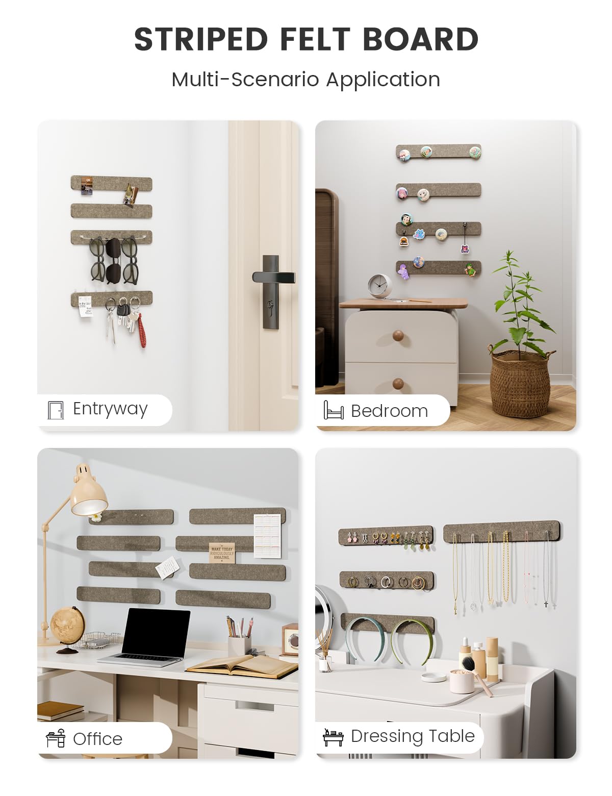 Fluxynara Cork Board Alternative Felt Strip Board 8-Pack 13"x2", Office Pin Board with 50 Push Pins, Adhesive Install for Bedroom Door & Home Office (Earth Brown)