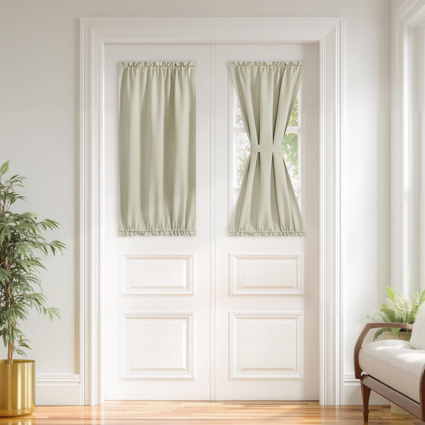 PONY DANCE Beige Back Door Curtains for Door Window, 100% Blackout Dual Rod Pocket Privacy French Curtain for Kitchen, Thermal Insulated Small Window Drapes for Classroom, W25 x L40, 1 Panel