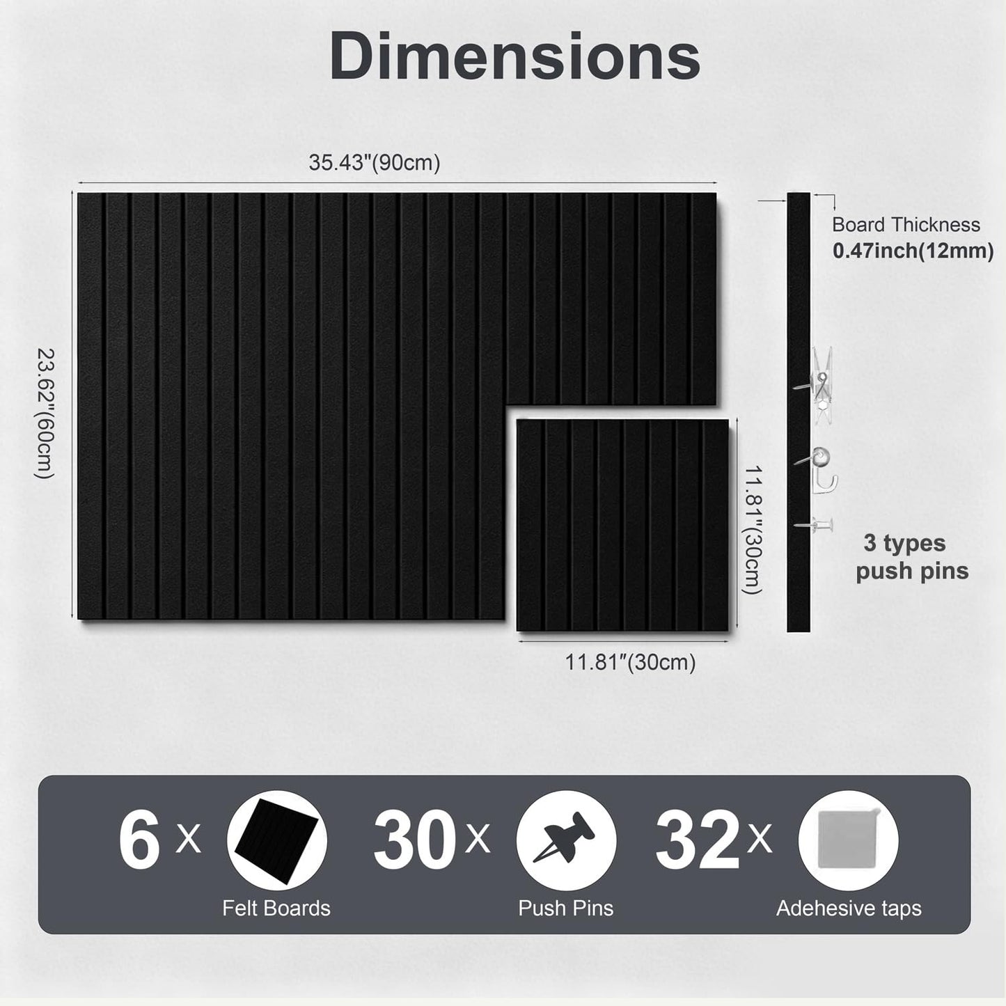 G Gamit 0.47" Thick Felt Pin Board 36"x24" Large Cork Board Alternative 6 Pack 11.81"x11.81"Felt Bulletin Board Wall Tiles Notice Board with 30 Pushpins for Home Office School(Fine-Black)