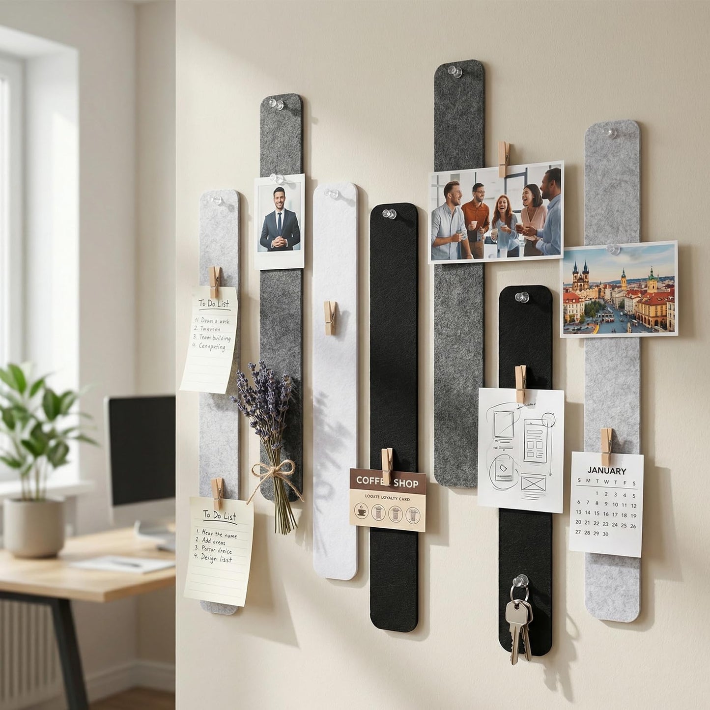 Thboxes 8 Pack Felt Bulletin Board Strips, 13x2 Inch Self Adhesive Felt Pin Boards with 50 Pushpins and 10 Wooden Clips Push Pins, Cork Board for Walls Home Office Decor(Black White Gray)
