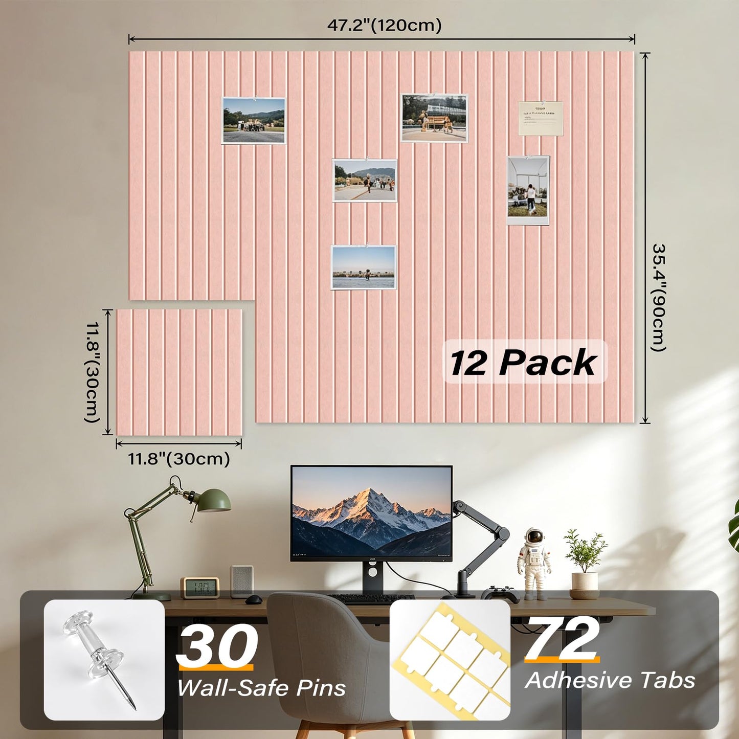 Large Felt Bulletin Board，47.2" x 35.4" 12 Pack Cork Board Alternative for Walls,Felt Wall Tiles for Office & Home Decor,Pin Board with 30 Pcs Pushpins and 72 Adhesive Tabs-Pink