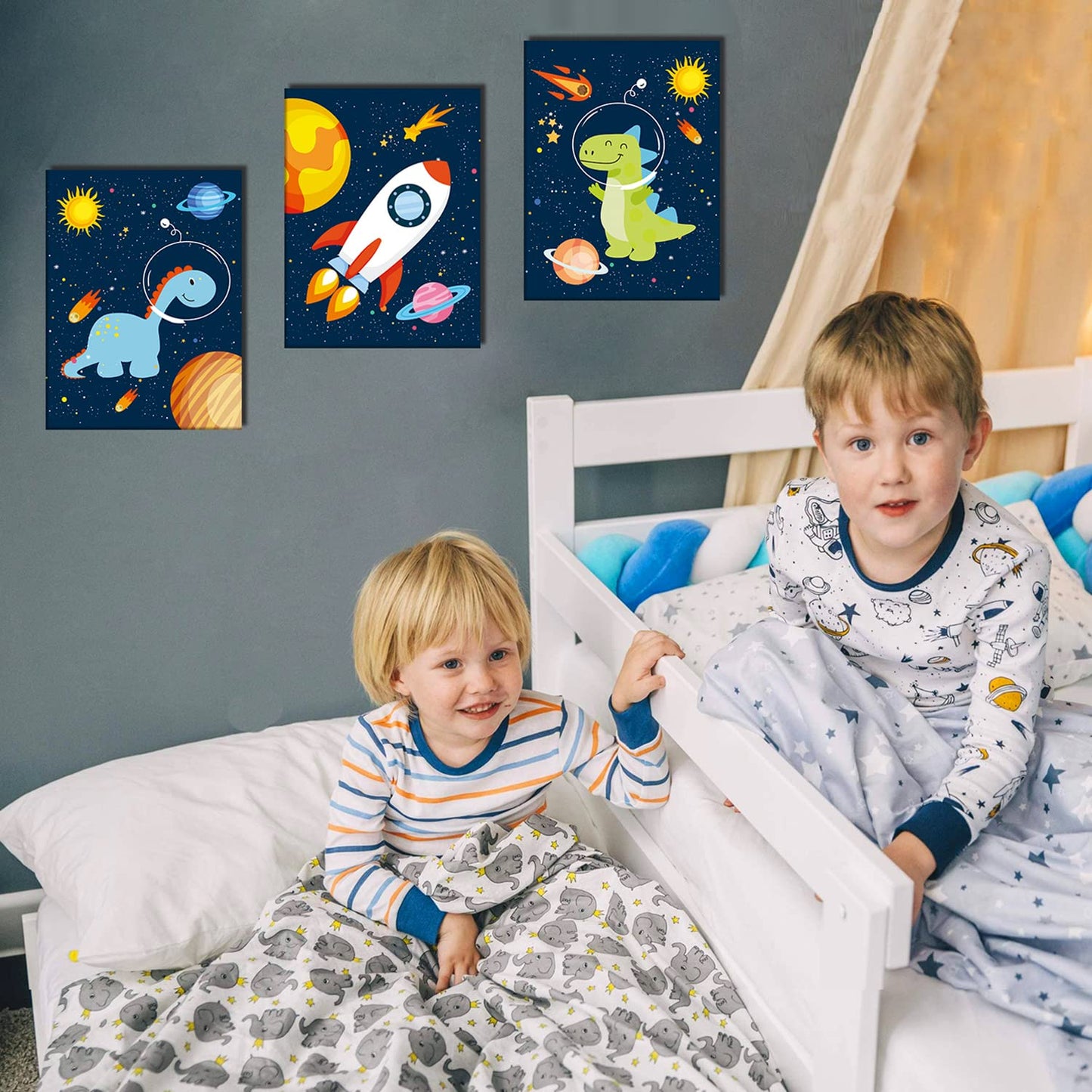 KAIRNE Outer Space Dinosaur Room Decor,Solar System Stars Wall Canvas Poster,Set Of 4 (8X10inch,framed) Planet Astronaut Art Print,Rocket Decor for Boys Room Toddler Kids Room Classroom Space Decor