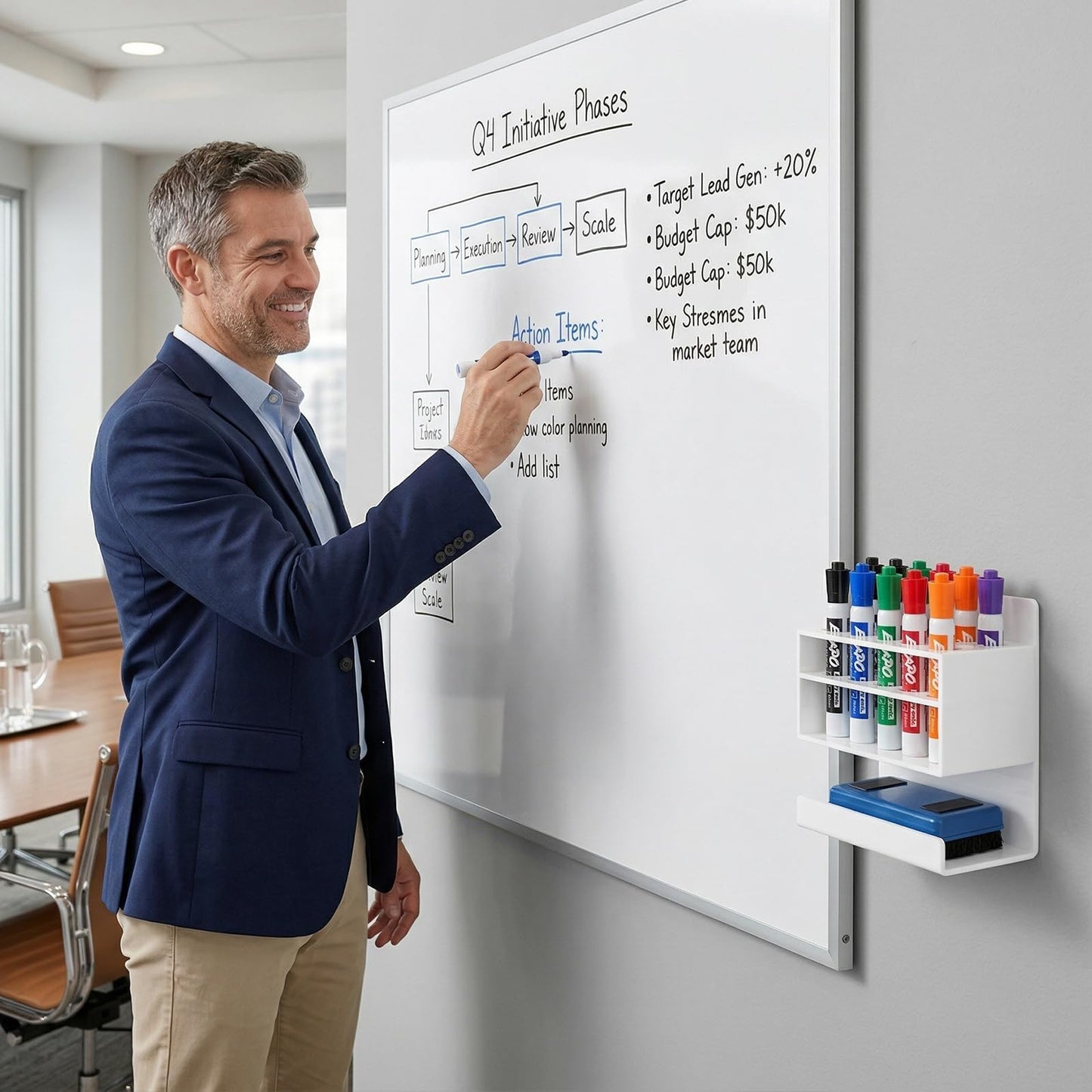 MyGift Dry Erase Marker Holder 10 Slots Whiteboard Marker Holder For Wall Dry Erase Eraser Holder Wall Mount White