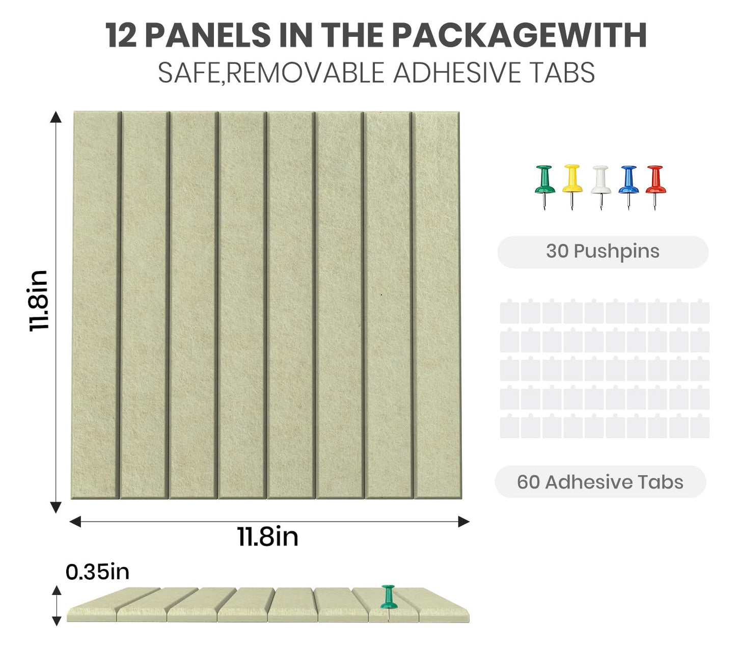 Large Cork Board Alternative 48” X 36” Felt Bulletin Board Tiles, with 30 Pushpins, 60 Adhesive Tabs,12-Pack Slat Wall Paneling, Cork Boards for Office Push Pin Board Felt Board - Sage