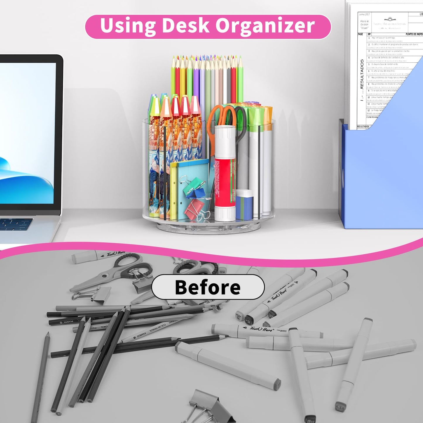 Wawocs Small Pencil Organizer for Desk Acrylic 4 Compartments, Tiny Rotating Art Supply Organizer Kids, Spinning Round Marker Small Clear Desktop Caddy Swivel Office Pen Pencil Holder