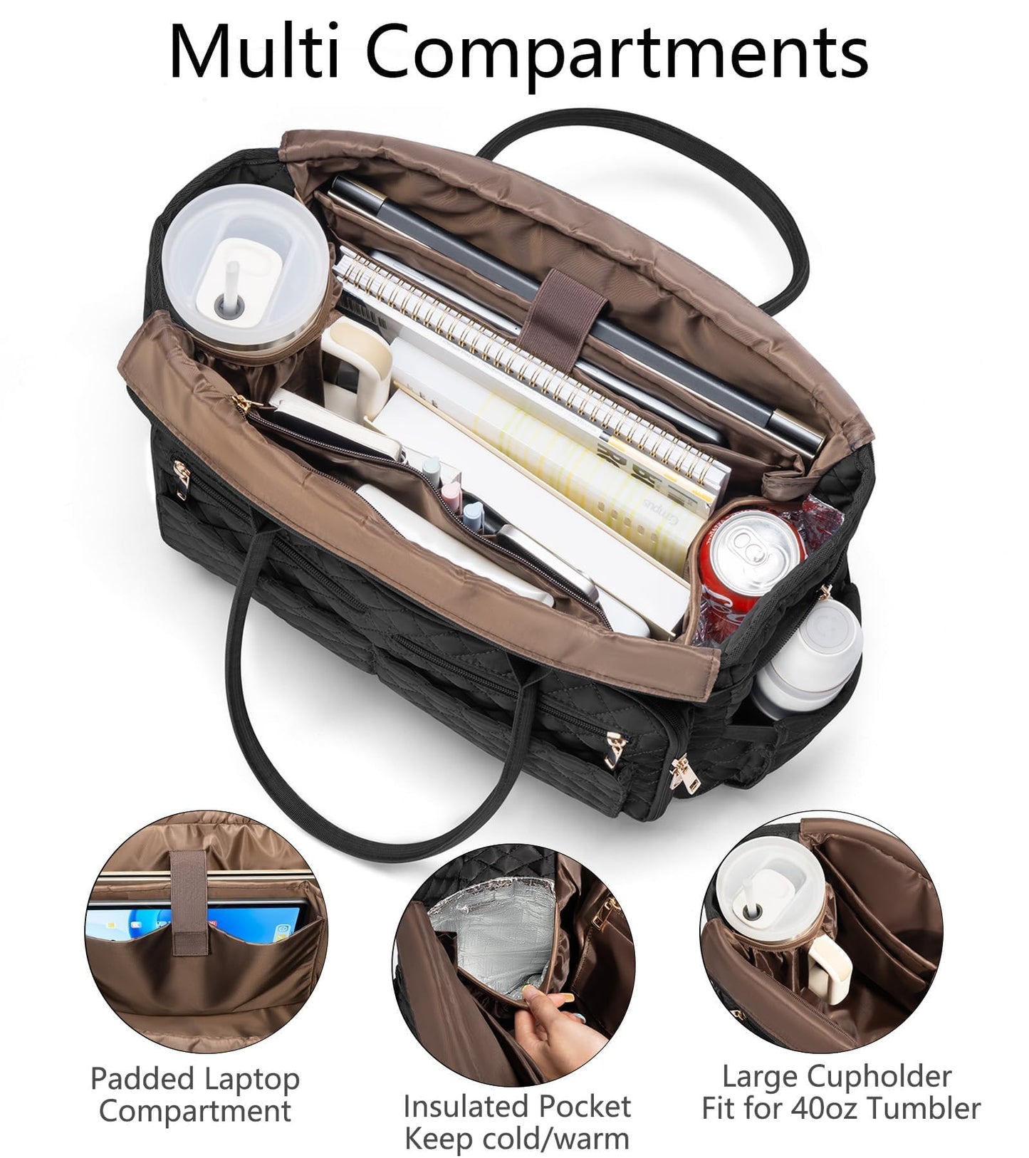 Teacher Tote Bags for Women, 15.6 inch Laptop Work Tote Nurse Bible Bag With Large Cup Holder & Insulated Pocket Quilted Shoulder Handbag Laptop Briefcase for Work, Daily, School, Travel, Gifts