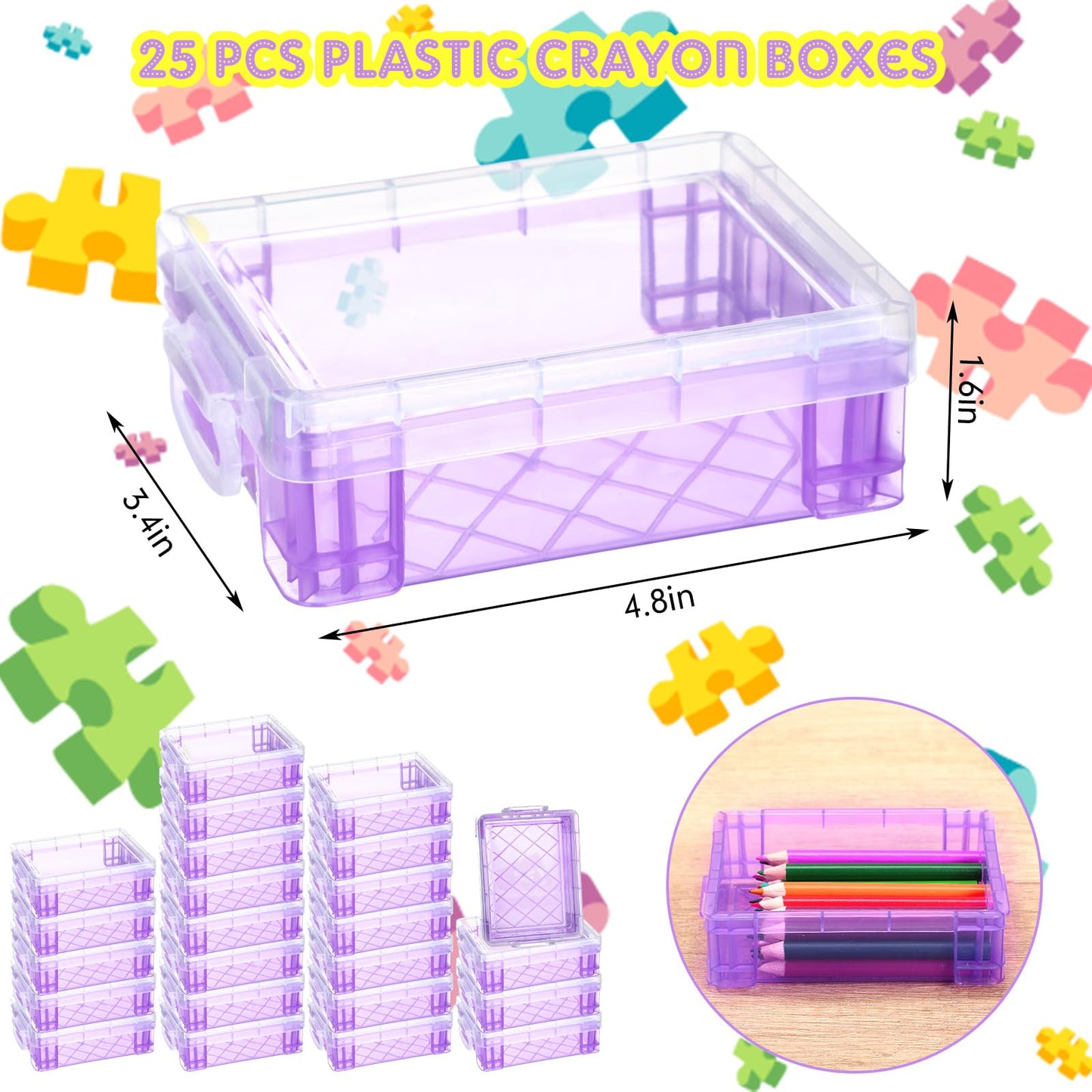 Suzile 25 Pcs Plastic Crayon Boxes with Snap Lids Crayon Storage Organizer Stackable Container Bulk Pencil Case for Pen Crafts Classroom Supplies(Purple)