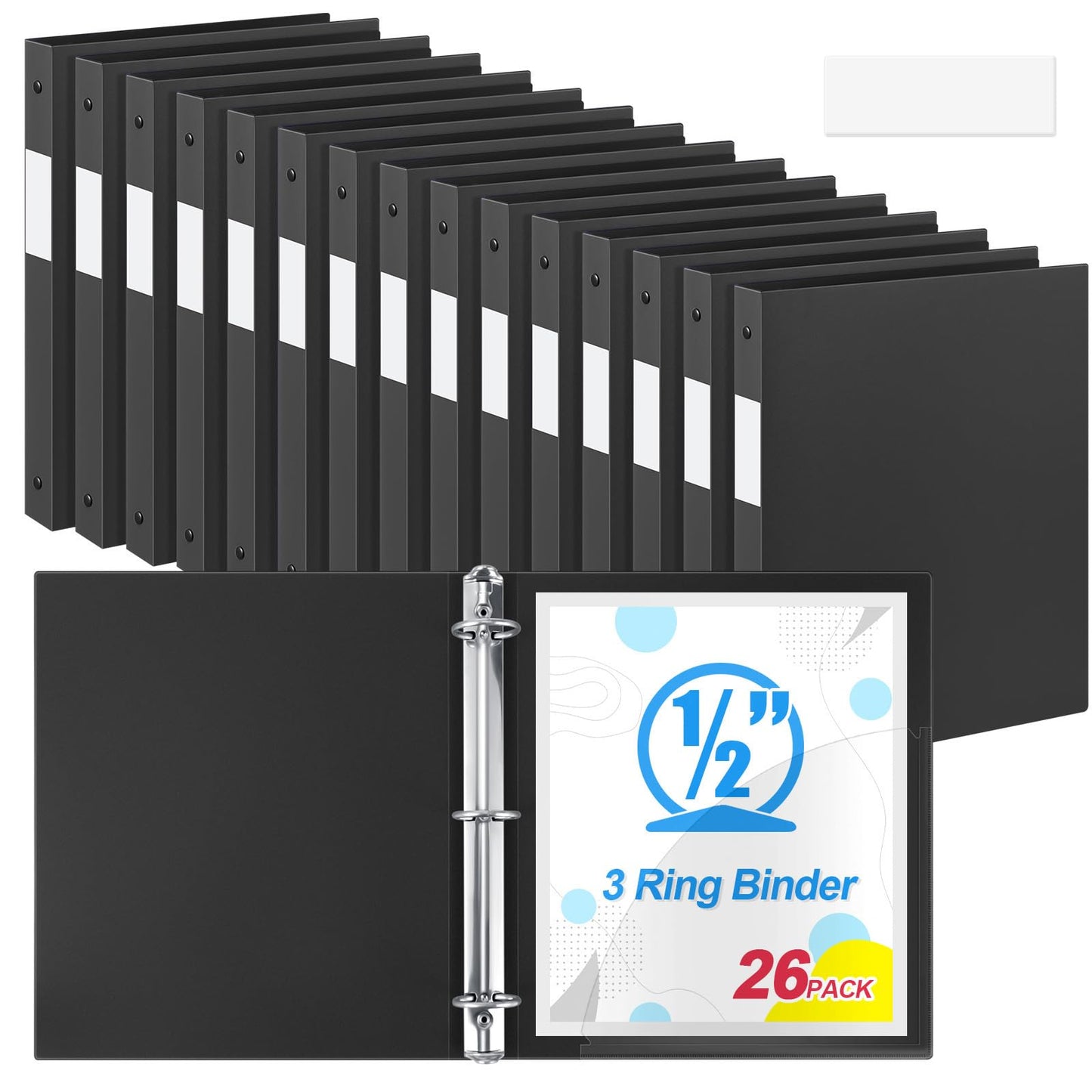 Henoyso 26 Pack 0.5 Inch Plastic 3 Ring Binder Round Ring, Bulk 1/2 Inch Flexible Binders Hold 140 Sheets Letter Size with Pocket, Document Organizer for Back to School Classroom Office (Black)