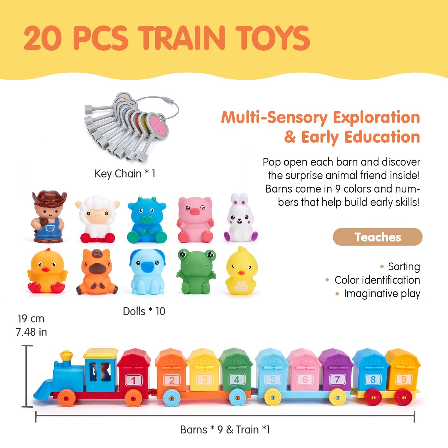 Toddler Learning Toys for 2 3 Year Old-Counting Matching & Sorting Activity Montessori Train Set with Farm Animals Finger Puppets Keys to Lock and Unlock Barn Birthday Gift for Boys Girls 2-5