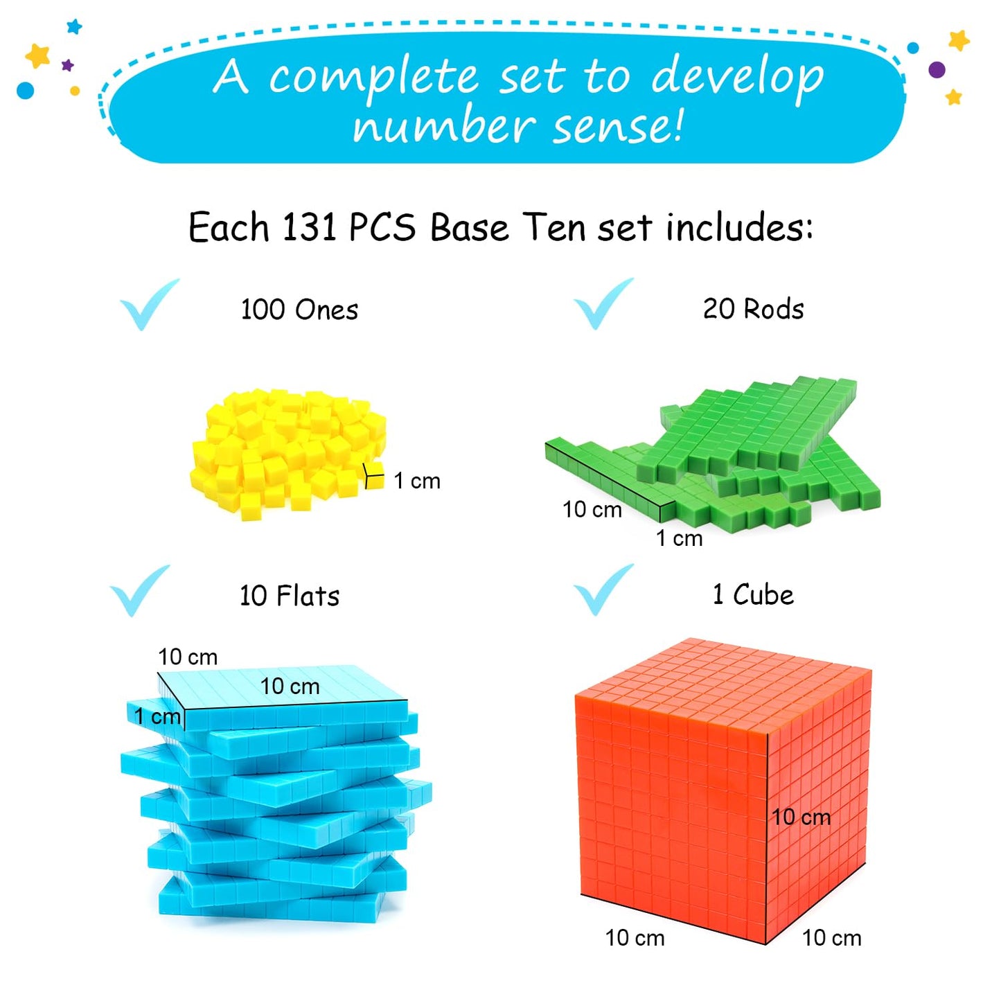 Simply magic 131 PCS Base Ten Blocks for Math - Place Value Blocks, Base 10 Math Manipulatives K-3, Math Counters, Number Blocks, Math Cubes for Kids, Counting Blocks - Kindergarten 1st 2nd 3rd Grade