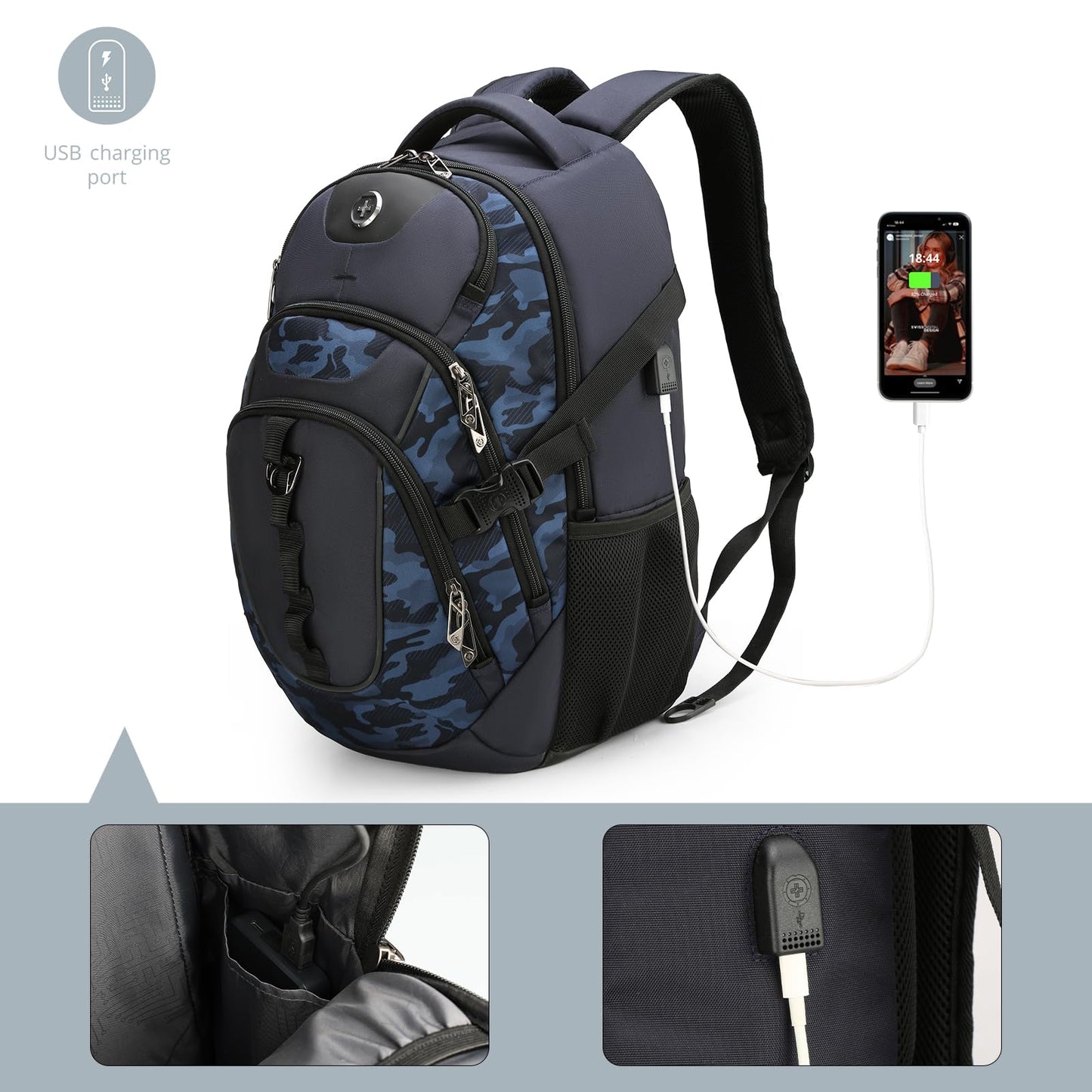 Swissdigital Design Laptop Backpack with USB Charging Port, Travel Backpack Fits 15.6 inches Computer, 31L College School Backpack for Men, Blue Camo | SD803-92