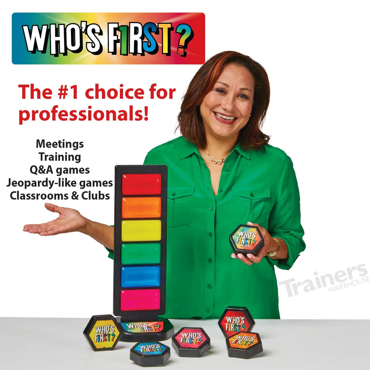 Trainers Warehouse Who's First? v3 Wireless Game 6 Buzzer System | Foster Gameshow Excitement in The Classroom - Includes Light Tower & USB Port & Randomizer | Make Trivia and quizzes Fun!