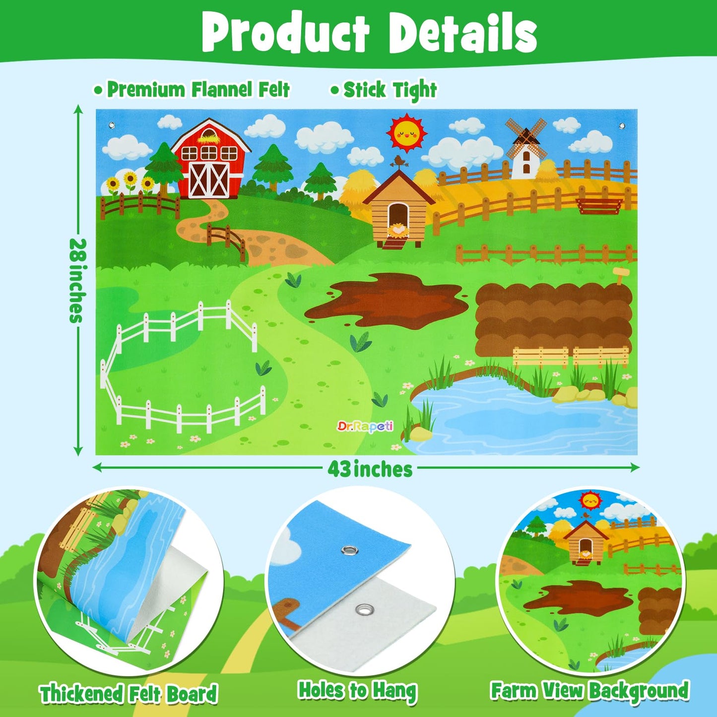 Dr.Rapeti Farm Animals Felt Story Board Set 41PCS Preschool Farmhouse Barnyard Theme Busy Board Story Set Storytelling Early Learning Interactive Play Kit Wall Hanging for Toddlers Kids Children 4+