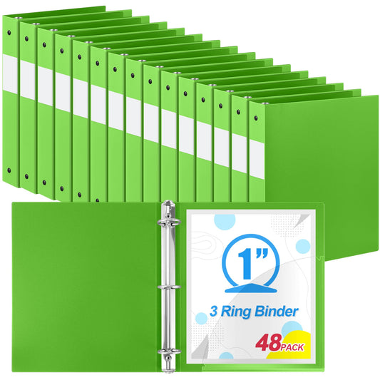 Henoyso 48 Pack 1 Inch 3 Ring Plastic Binders, Bulk Flexible PP Binders for Classroom & School Supplies, Letter Size 8.5 x 11, Holds 240 Sheets with Interior Pocket (Tender Green)