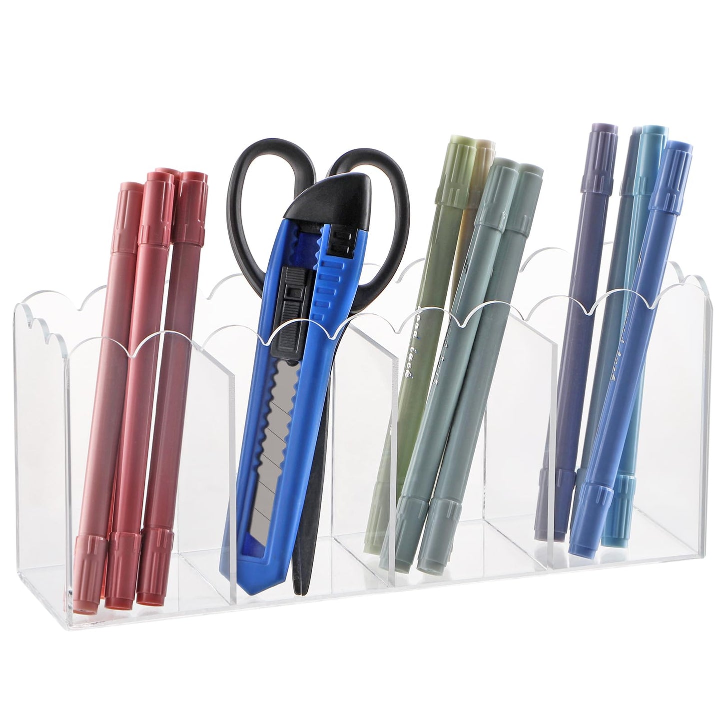 MOLIGOU Acrylic Pencil Holder, 4 Compartments Clear Pen Organizer, Desktop Pencil Holder with Scalloped Edges