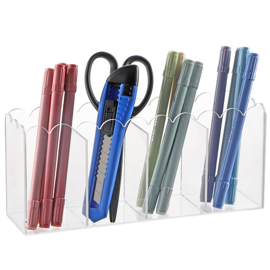 MOLIGOU Acrylic Pencil Holder, 4 Compartments Clear Pen Organizer, Desktop Pencil Holder with Scalloped Edges