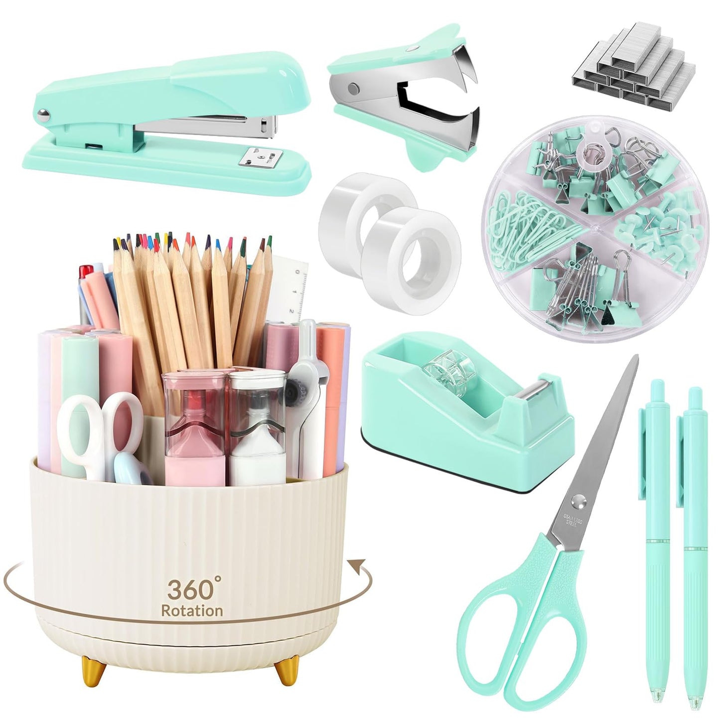 SKYDUE Teal Office Supplies Set, Office Desk Accessories 10Pcs, Pencil Holder for Desk, Stapler, Tape Dispenser, Scissors, Clips and 1000pcs Staples, School Supplies for Teacher