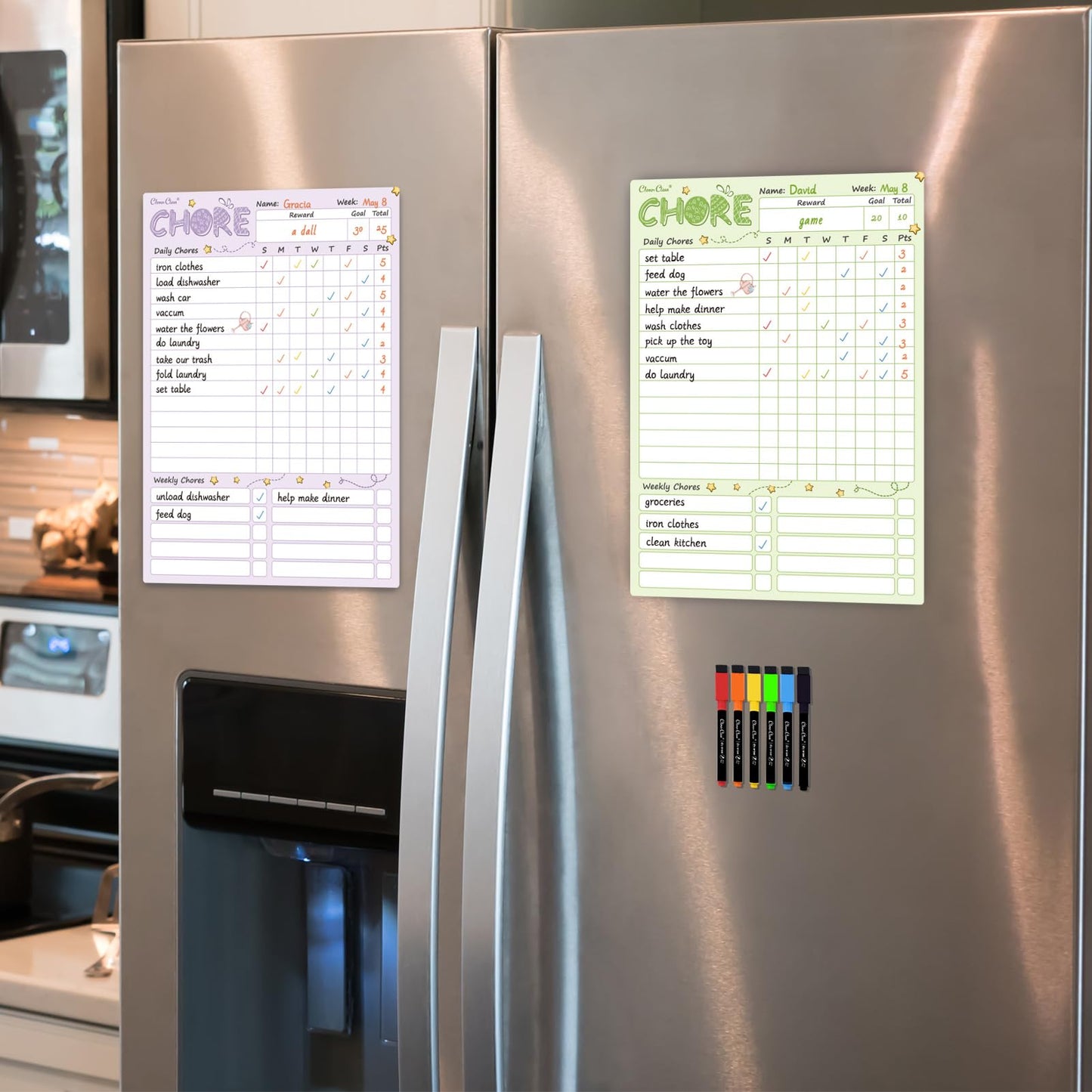 Magnetic Dry Erase Chore Chart - 8.5"x12" Behavior Responsibility Chore Board for Kids, Teenagers - 6 Extra Fine Point Markers Included - Shipped Flat 2 Pcs