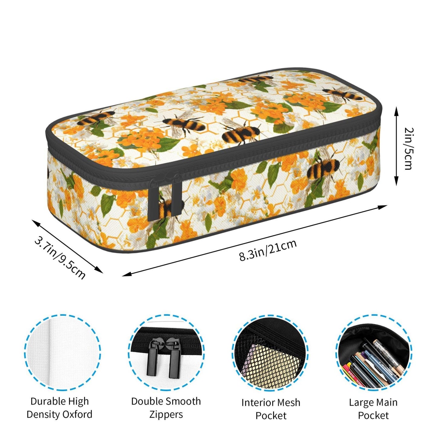 Geoocii Bee Large Capacity Pencil Case Organizer Pencil Pouch Stationery With Zipper School Supplies Pencil Bag For Girls Boys Teens Adult Office