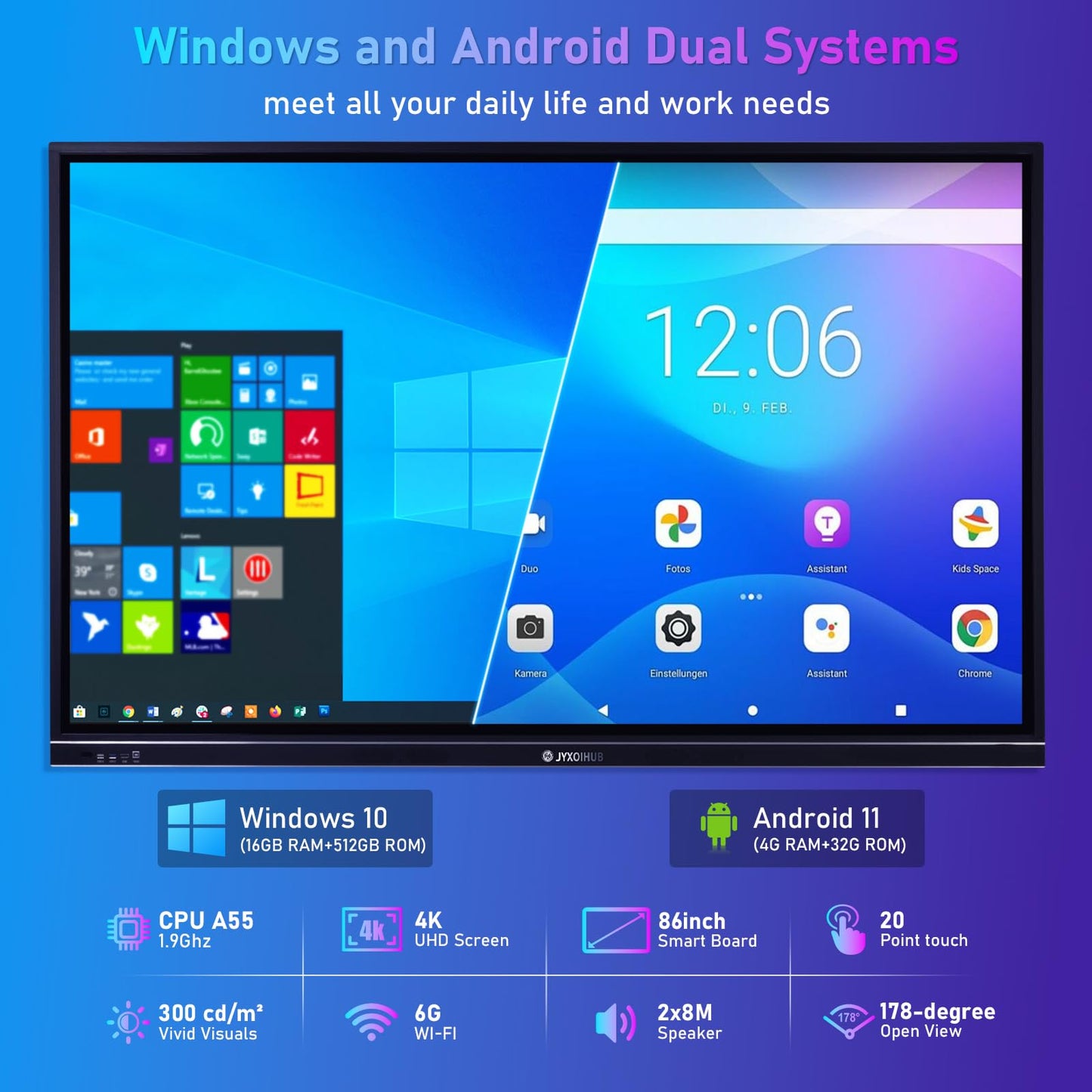 JYXOIHUB Interactive Whiteboard, 86inch Smart Board with 4K UHD Touch Screen Flat Panel, All in One Digital Electronic Whiteboard Built in Dual System for Conference