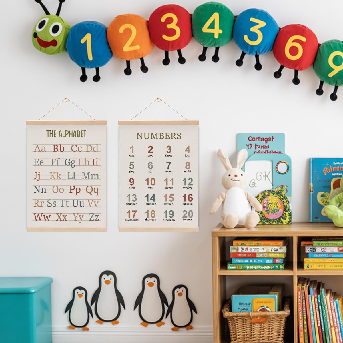 2PCS Alphabet Numbers Poster Hanger Frame, ABC Banner Poster Wall Art, Educational Posters Decor for Nursery Toddler Room Playroom Alphabet Banner Wall Hanging Homeschool Classroom Decor 15.8x11.8 In