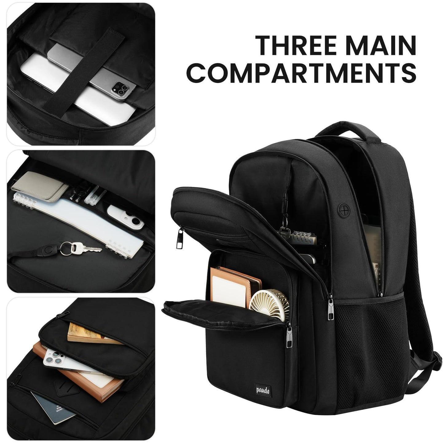 Paude Black Backpack,School Backpack for Teens Adults Laptop Bookbag for High School College Students Back Pack for Work