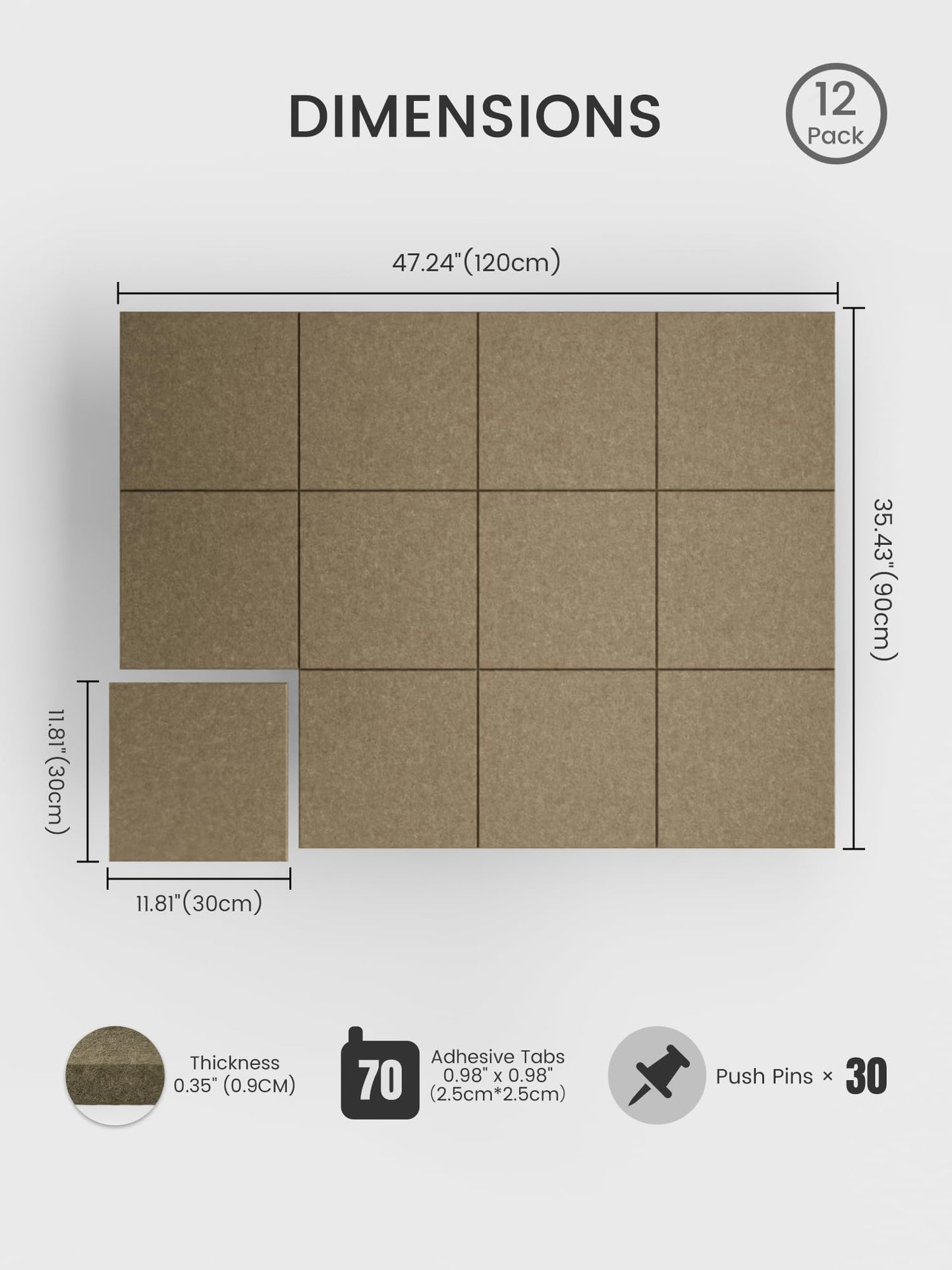 Bumusty Large Cork Board 48" x 36" Alternative - 12 Pack Felt Wall Tiles with 70 Safe Removable Adhesive Tabs, 30 Pushpins, Cork Boards for Walls Pin Board Bulletin Board Office Decor (Earth Brown)