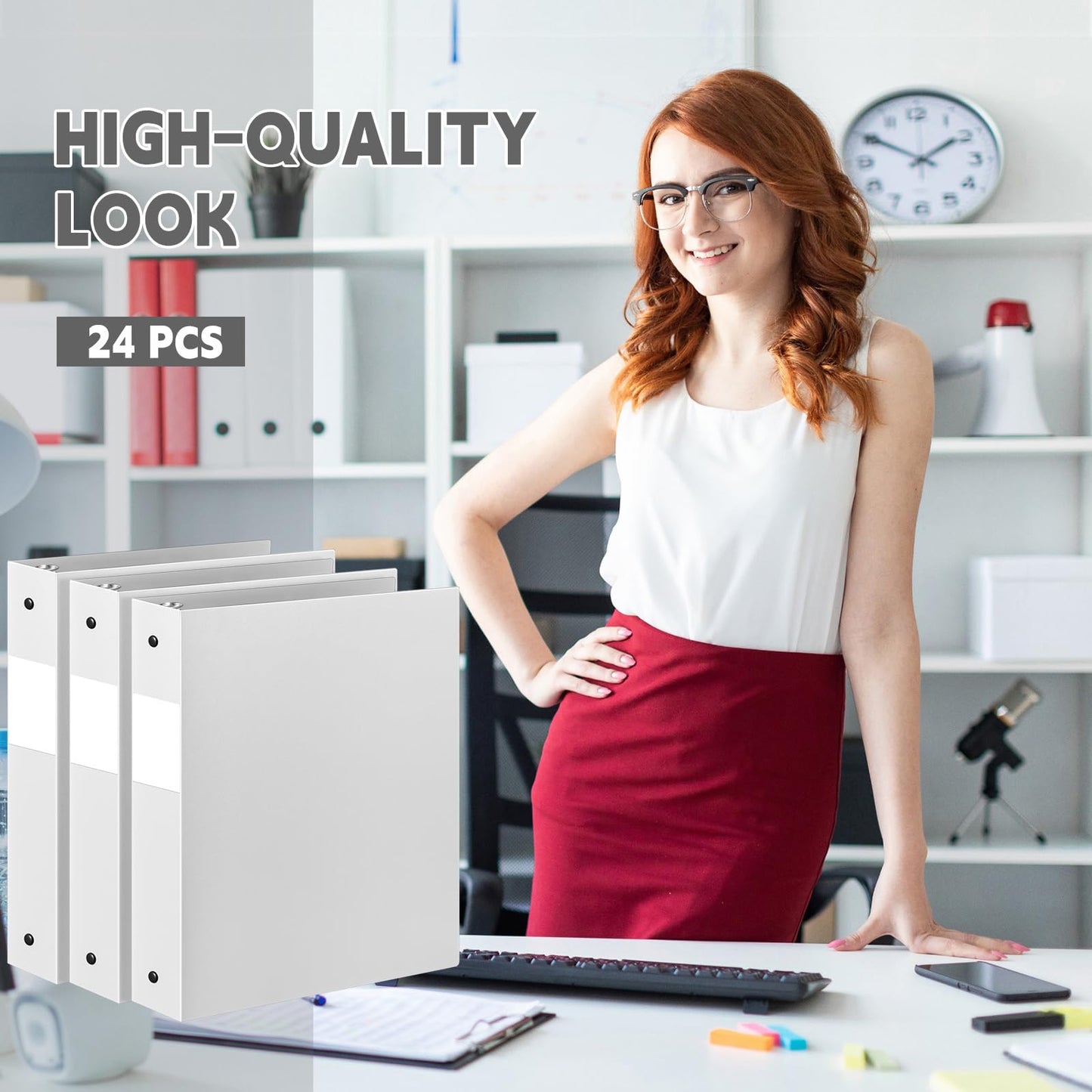 Henoyso 24 Pcs White 1.5" 3 Ring Plastic Binder Bulk, 1 1/2 Inch Soft Flexible Binders Round Rings, Fits Letter Size 8.5'' x 11'' Paper, Holds 350 Sheets, for School Office (1.5 Inch)