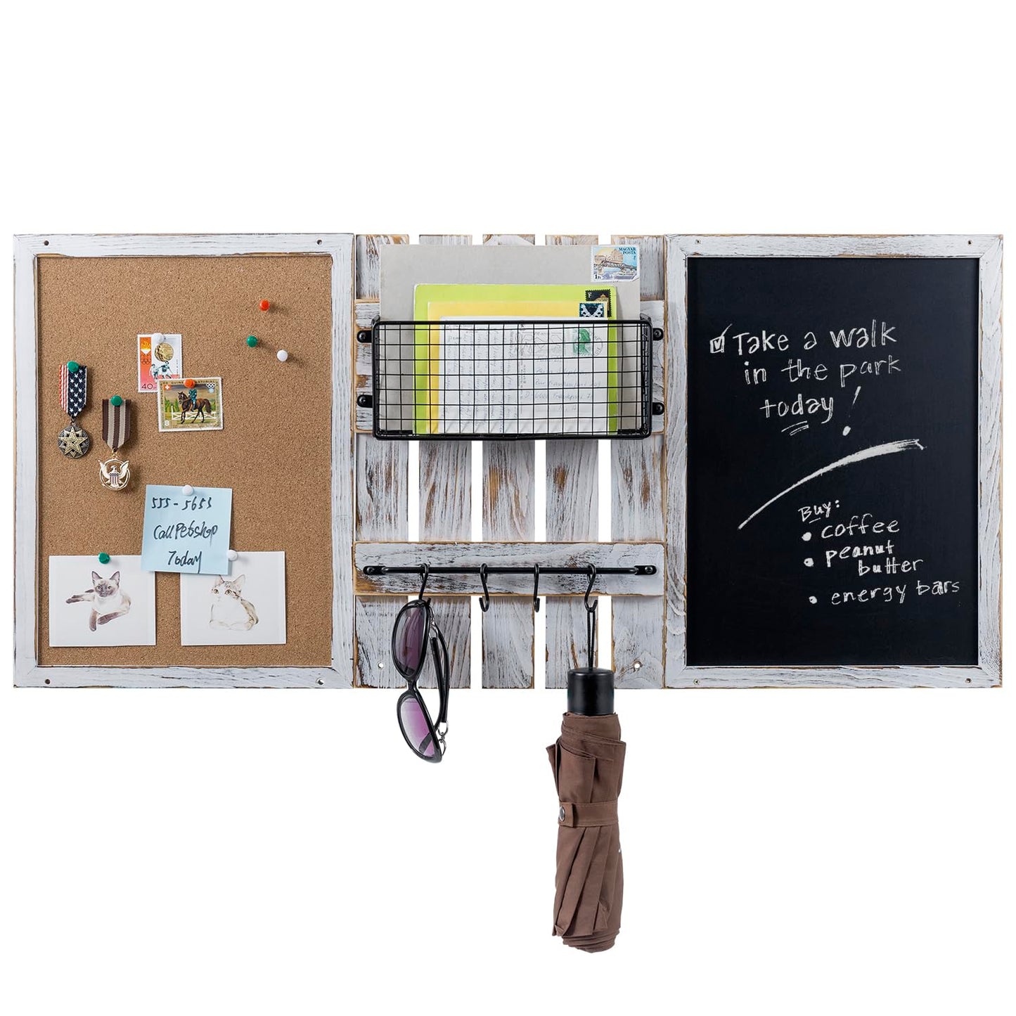 MyGift 3 Panel Wall Mounted Entryway Bulletin Board Combo Set with Shabby White Washed Solid Wood Frame, Chalkboard, Cork Board, Black Metal Mail Basket, and Hanging Rail