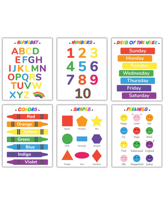 CNTG Design Educational Posters – Set of 6, 8x10 Inch Unframed Wall Art – Alphabet, Numbers, Days of the Week, Colors, Shapes & Feelings Charts for Classroom Decor (Colorful Learning)