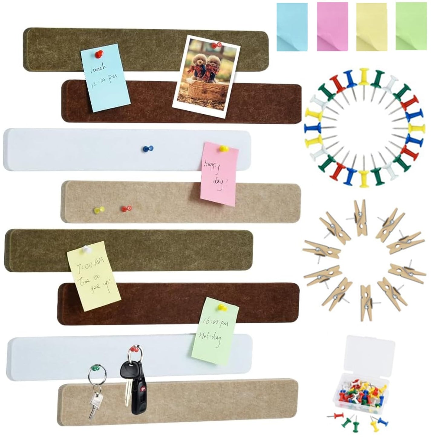 Vuzvuv 8 pcs Bulletin Board Bar Strips with 50 Pushpins & 10 Wooden Clip pins，Self Adhesive Cork Board for Wall，Felt Pin Board for School，Office Decor(Coffee-Brown White)