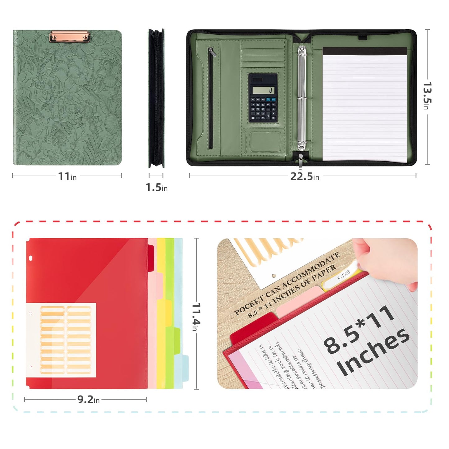 Ospelelf Green Leather Portfolio Binder 3 Ring, Zippered Clipboard Folder with Storage - 5 Dividers with Pocket, Padfolio for Women,12.1” Tablet Sleeve, Refillable Notepad, Card Slot