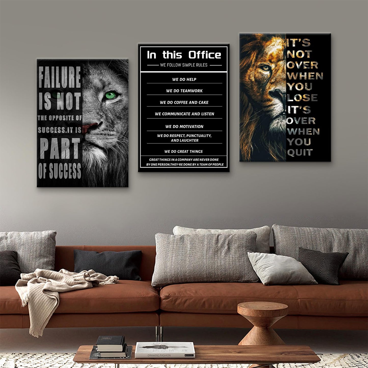 PSYYSP Motivational Triptych Wall Decor Lion Failure Success Canvas Art, Black Office Quote Posters for Office, Gym, Living Room, Workspace, Framed Canvas 60x28inch Set
