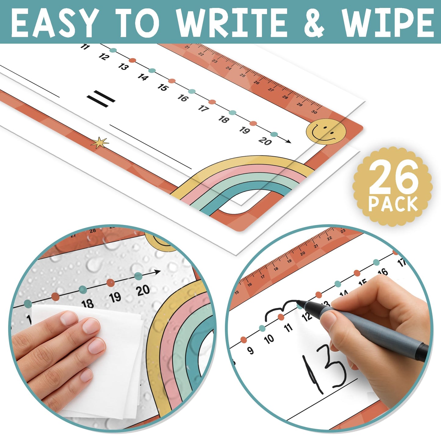 BrightenKidz 26 Pack Boho Groovy Number Line Dry Erase Boards Cards, 14"x4", Double-Sided, 0-10 on One Side & 0-20 on Other Side, Math Manipulatives for Student, Education Classroom Must Haves
