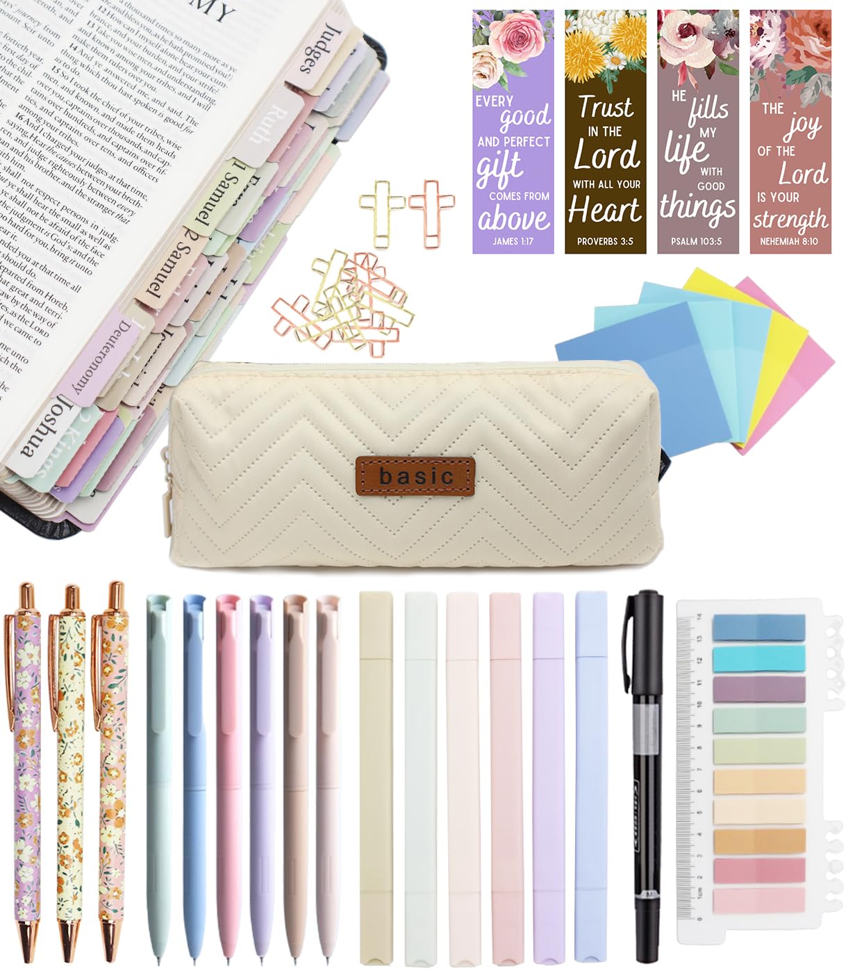 PartyGalore Bible Study Supplies Journaling Kit with Tabs and Highlighter, Pen Case, Bookmark, Bible Annotation kit, Bible Study Group Essentials Accessories for Women Students Christian Gifts