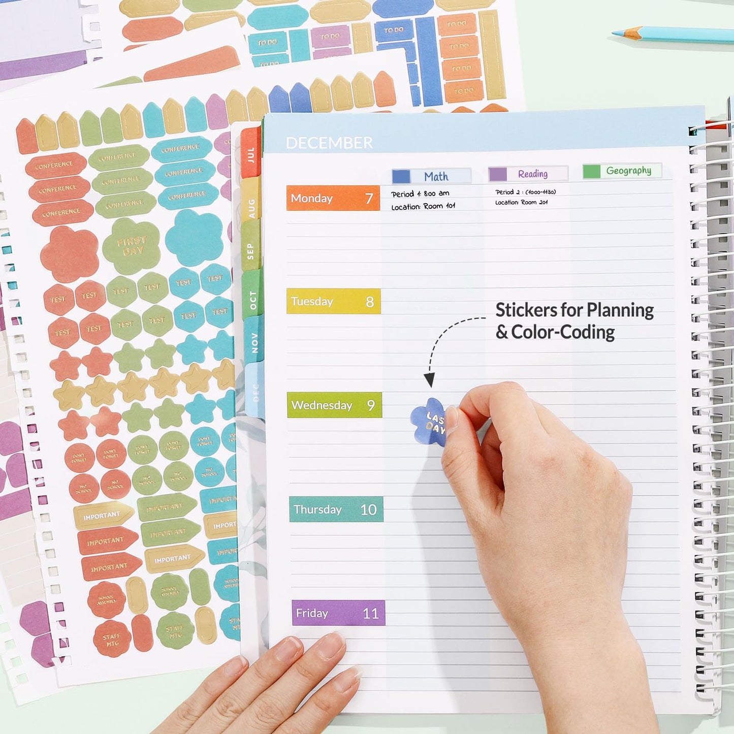 SUNEE Deluxe Teacher Planner 2026-2027, Lesson Planner Book with 7 Periods Jul 2026 - Jun 2027, 8.5" x 11" Weekly and Monthly Organizers with Colorful Tabs, Planning Stickers,120gms Paper, Full Leaf