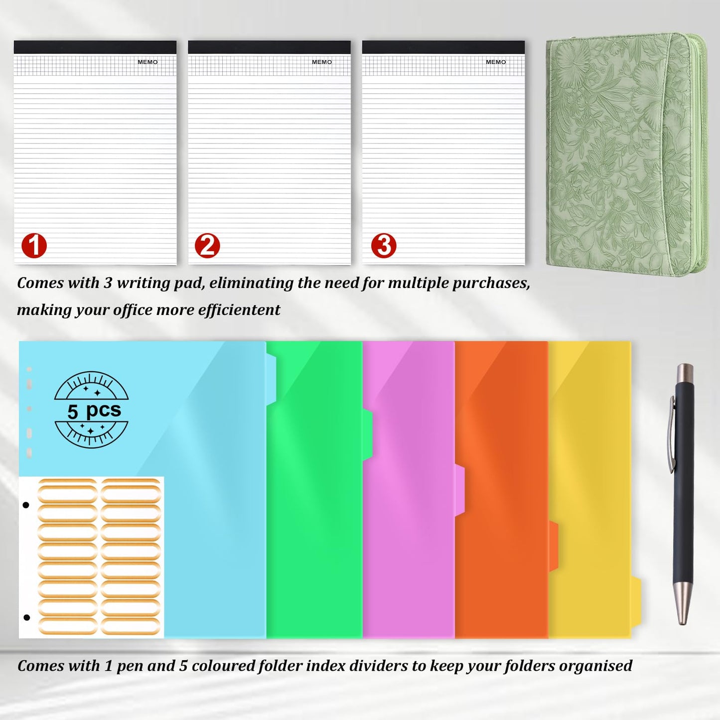 Leathario Portfolio Binder, Includes 10 Sheet Protectors and 3 Notepads, 3-Ring Folder Organizer, A4 Padfolio with Zipper, Vegan Leather Tablet Sleeve, Business Office Conference Clipboards