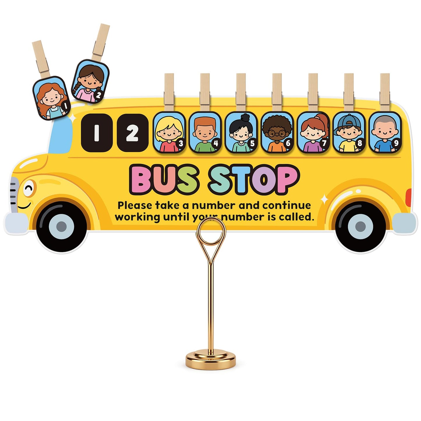 Tinlade School Bus Classroom Management Tools Teacher Waiting Room Sign Girl Style Waiting Room Numbers Classroom Set with Wooden Clips for Back to School Elementary Teacher Supplies